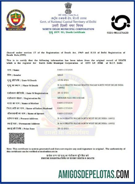 Certidão de óbito do governo da Índia em Delhi amostra